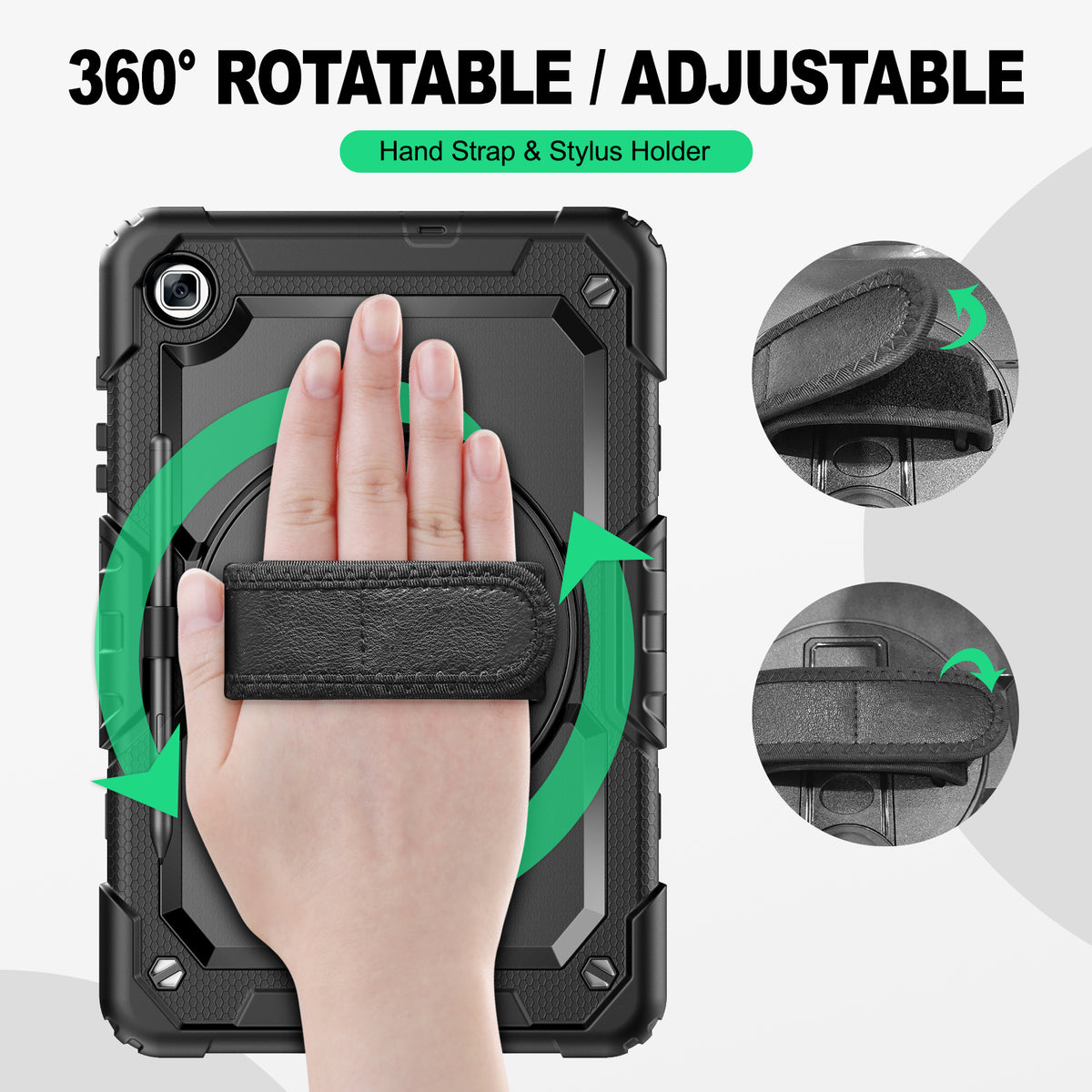 Samsung Galaxy Tab S6 Lite 10.4 Inch rugged case with hand strap, 360° rotatable hand strap & stylus holder