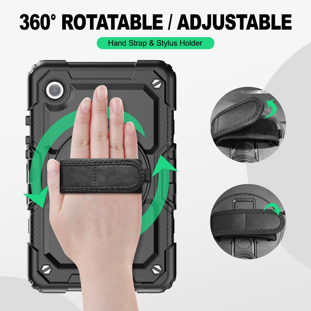 Samsung Galaxy Tab A9 8.7-Inch rugged case with hand strap, 360° rotatable hand strap & stylus holder