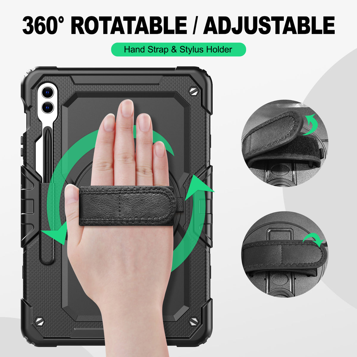 Samsung Galaxy Tab S10+/S9 FE+/S9+ 12.4-Inch rugged case with hand strap, 360° rotatable hand strap & stylus holder