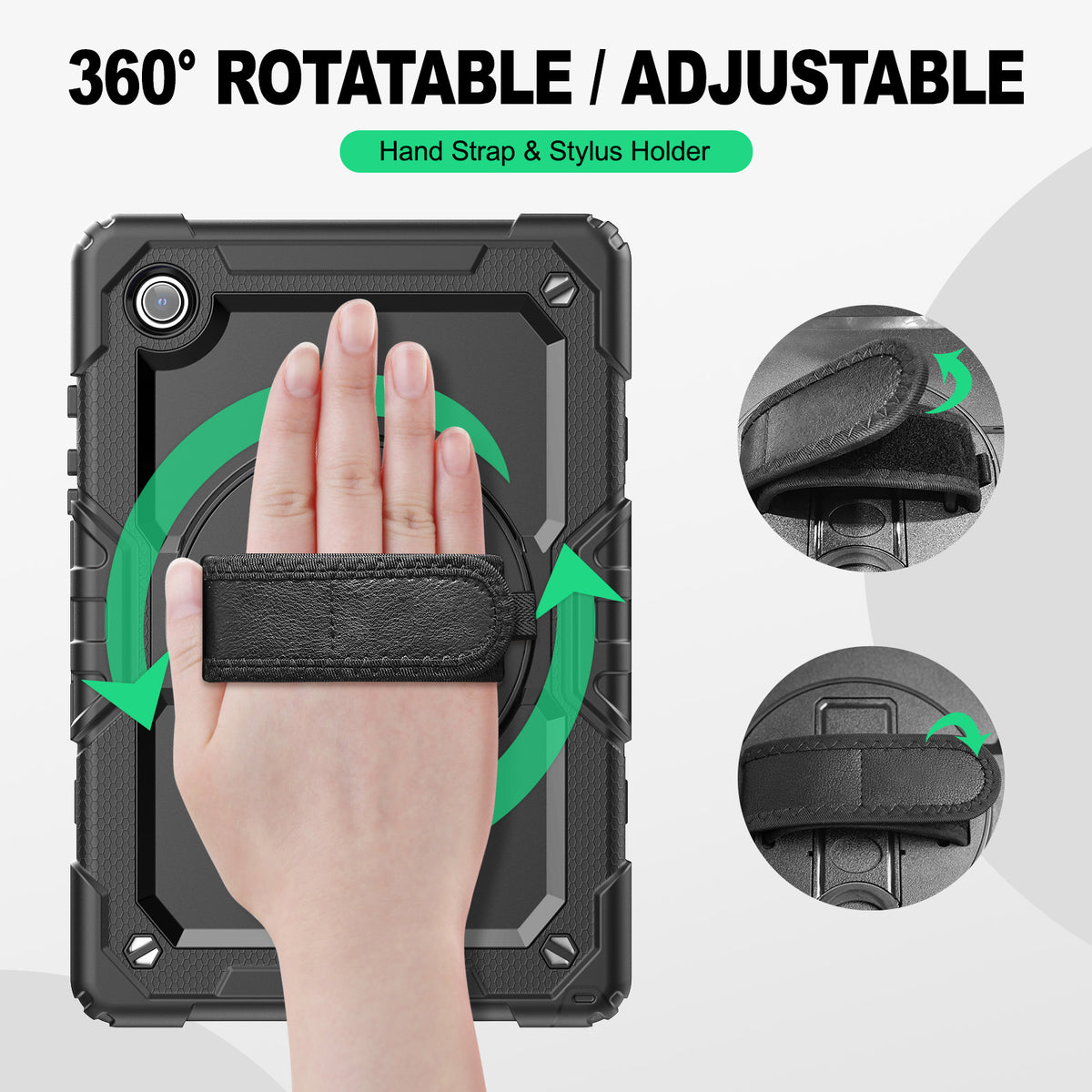 Samsung Galaxy Tab A8 10.5-Inch rugged case with hand strap, 360° rotatable hand strap & stylus holder