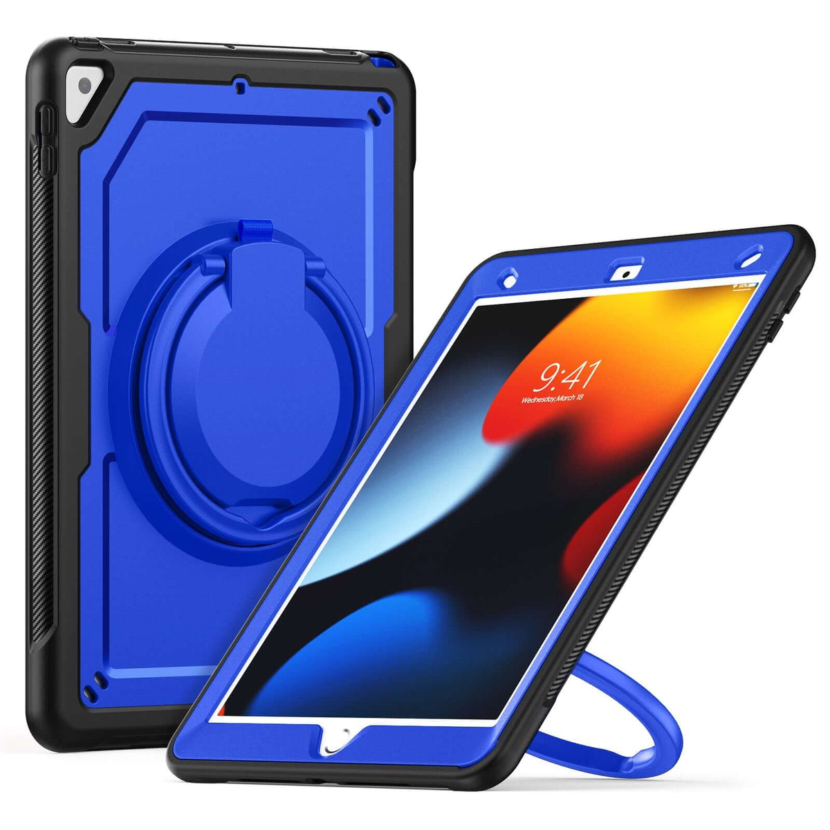 SEYMAC iPad Pro 10.5 Inch Case (2017) in blue color with rotating handle and built-in screen protector.