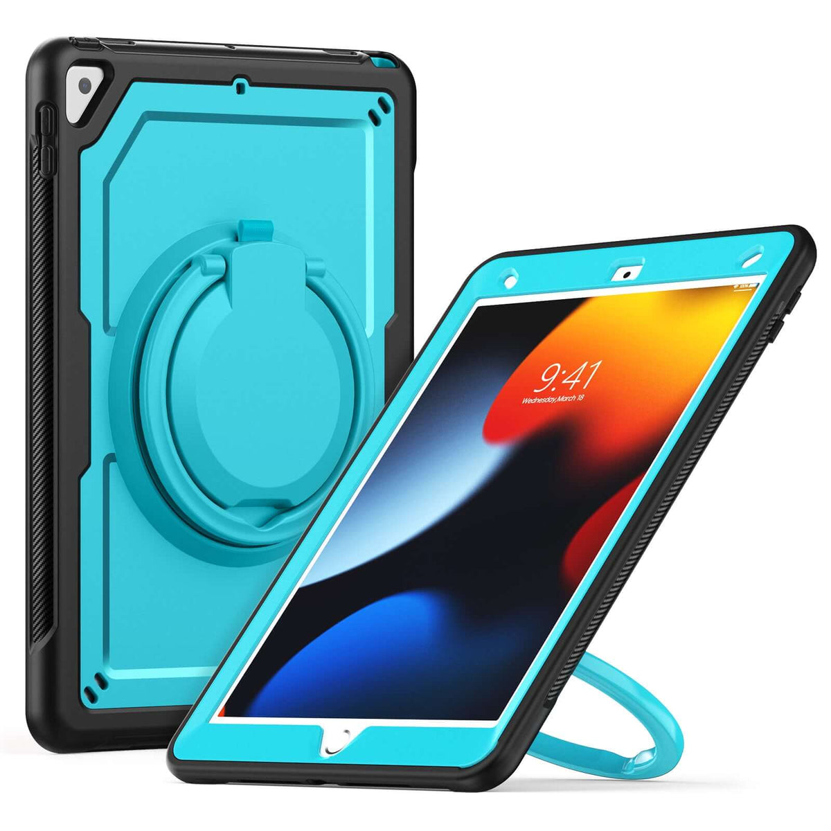 SEYMAC iPad Pro 10.5 Inch Case (2017) in turquoise, showcasing 360° rotating handle grip and full-body protection.