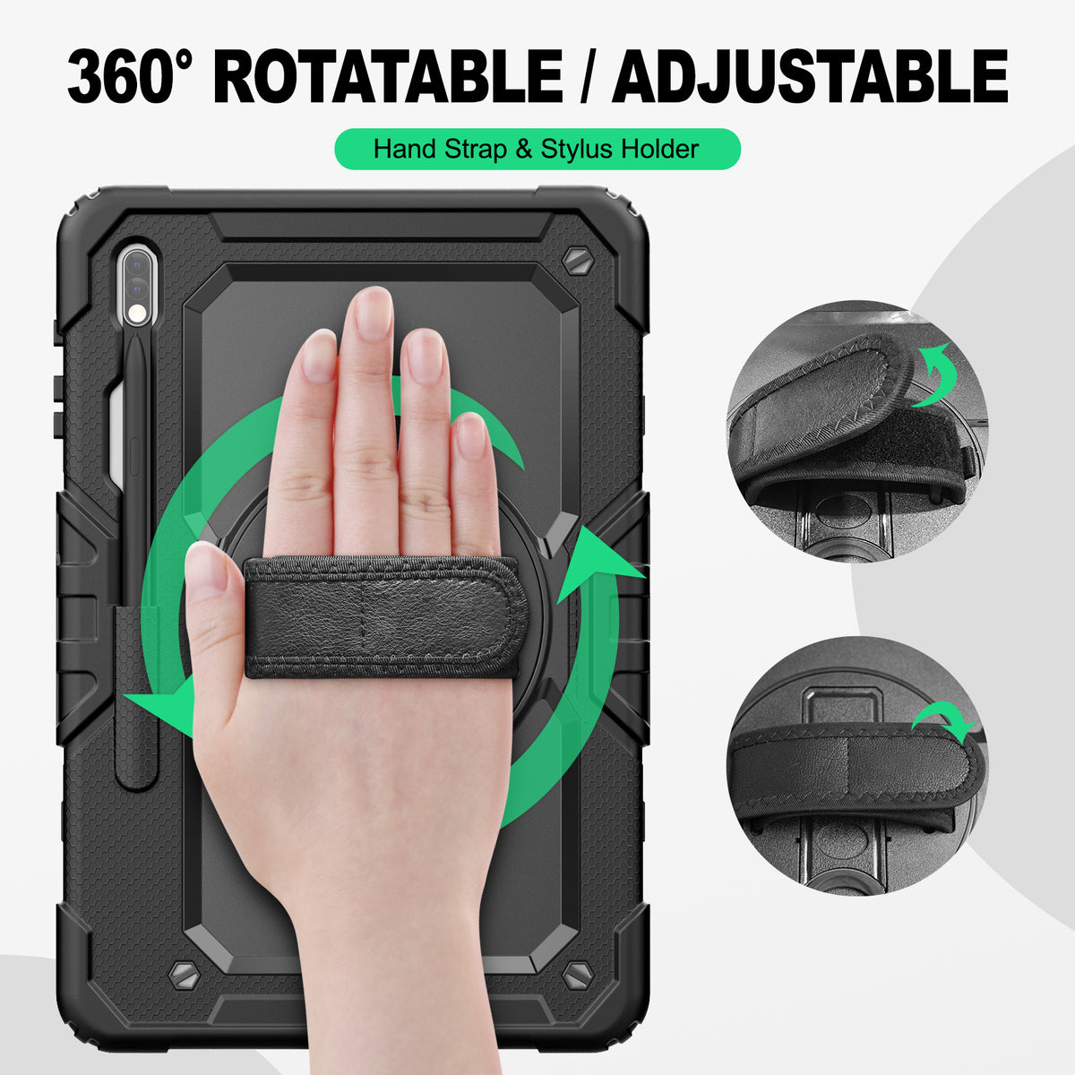 Samsung Galaxy Tab S8+/S7+/S7 FE 12.4 Inch rugged case with hand strap, 360° rotatable hand strap & stylus holder