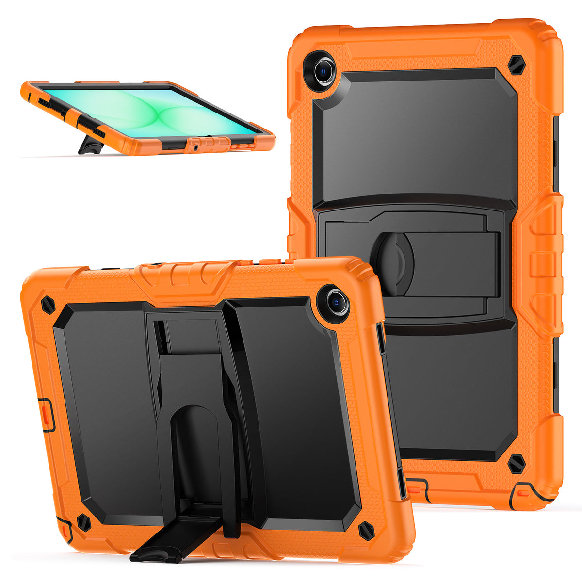 SEYMAC Galaxy Tab A11+ 11 Inch Case (2025) in orange, showcasing sturdy, shock-absorbing design with built-in kickstand.