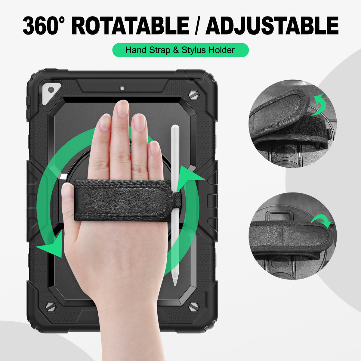 iPad Air (3rd Gen) 10.5-Inch rugged case with hand strap, 360° rotatable hand strap & stylus holder