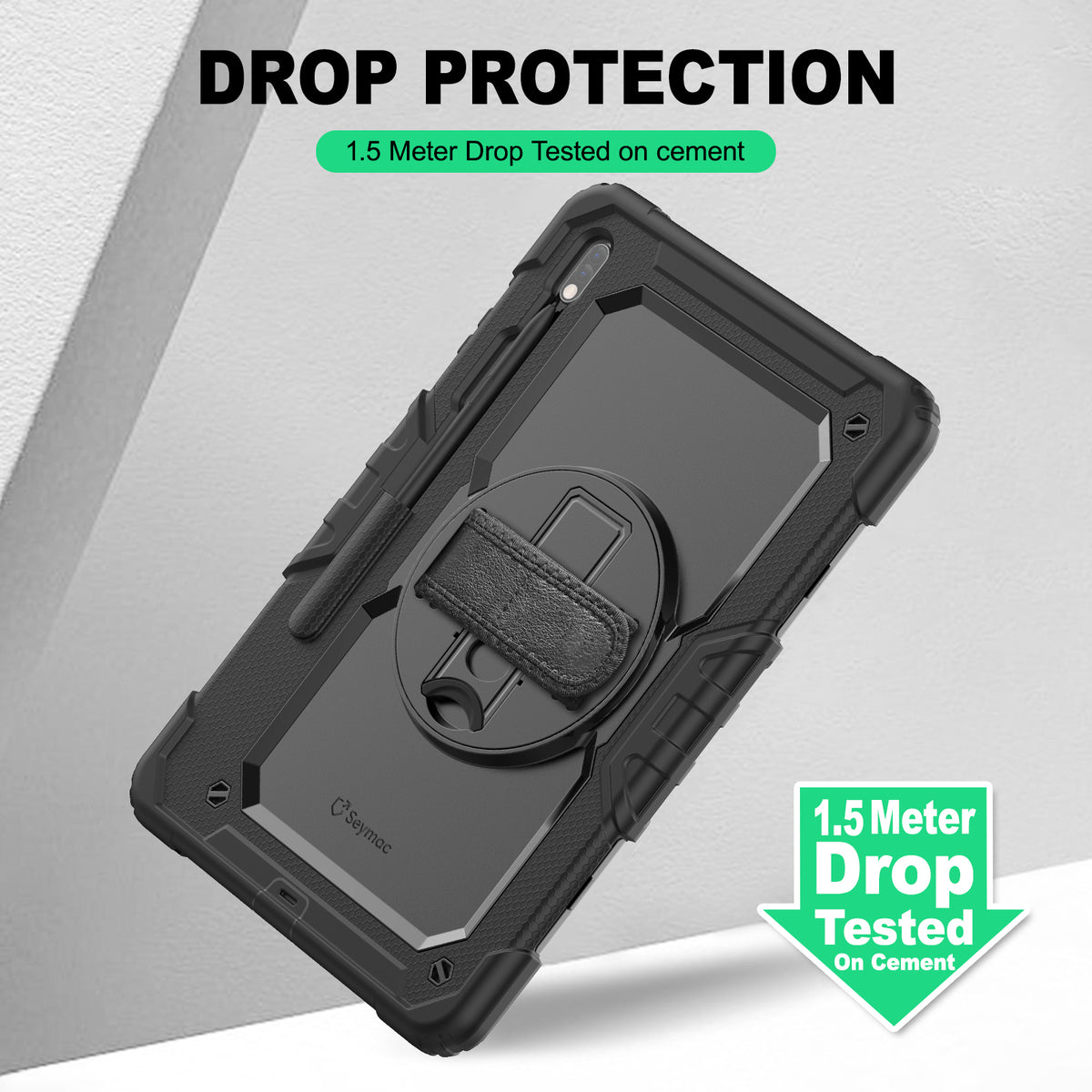 Samsung Galaxy Tab S8+/S7+/S7 FE 12.4 Inch rugged case with hand strap, 1.5 meter drop tested protection