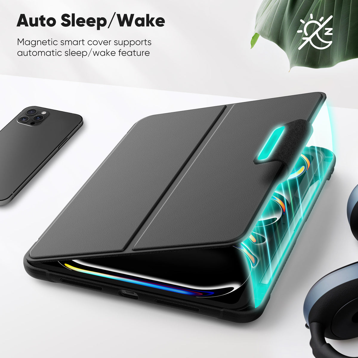SEYMAC iPad Pro 11 Inch Case (M5/M4) showing auto sleep/wake feature with magnetic cover.