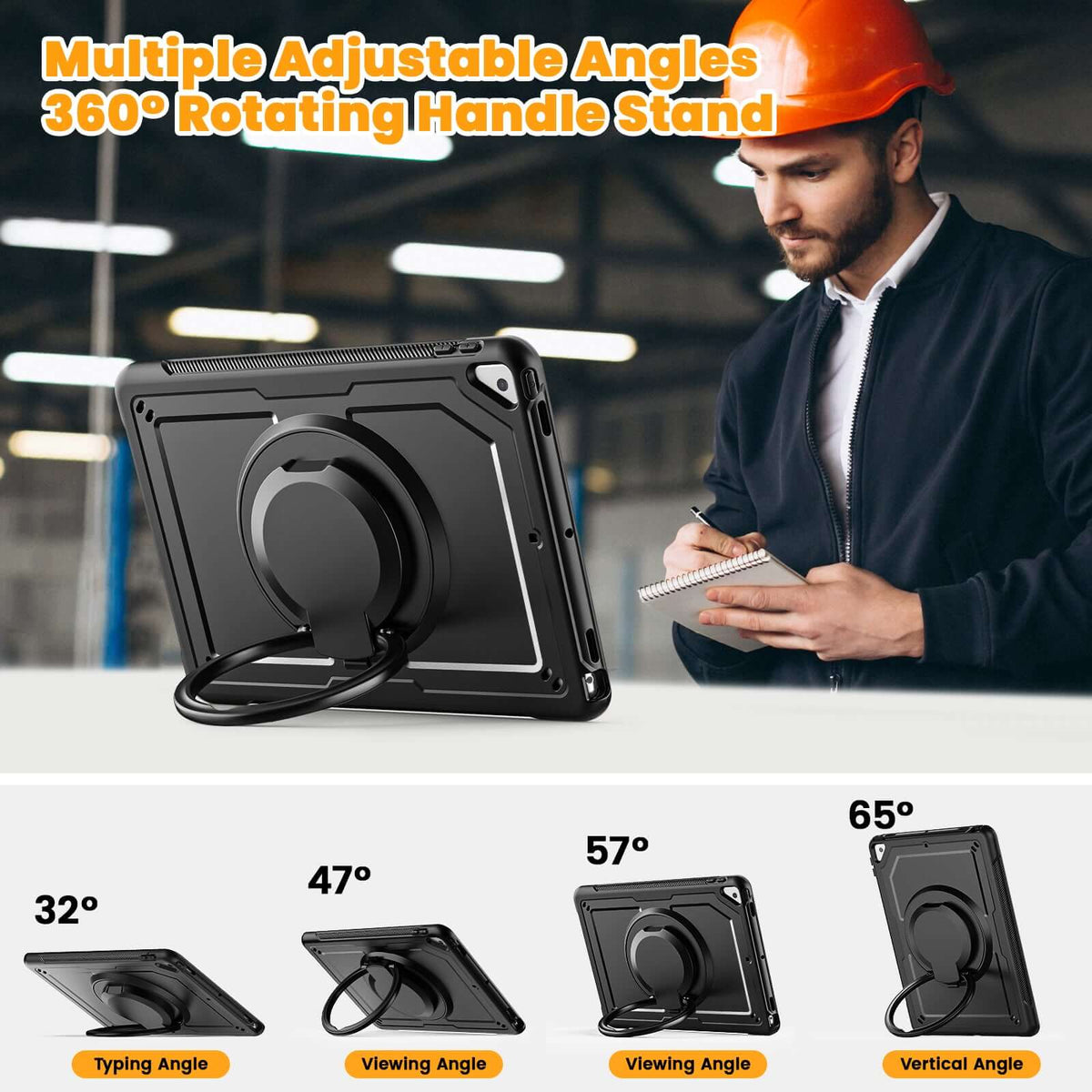 SEYMAC iPad Pro 10.5 Inch Case (2017) showcasing multiple adjustable angles with 360° rotating handle stand.