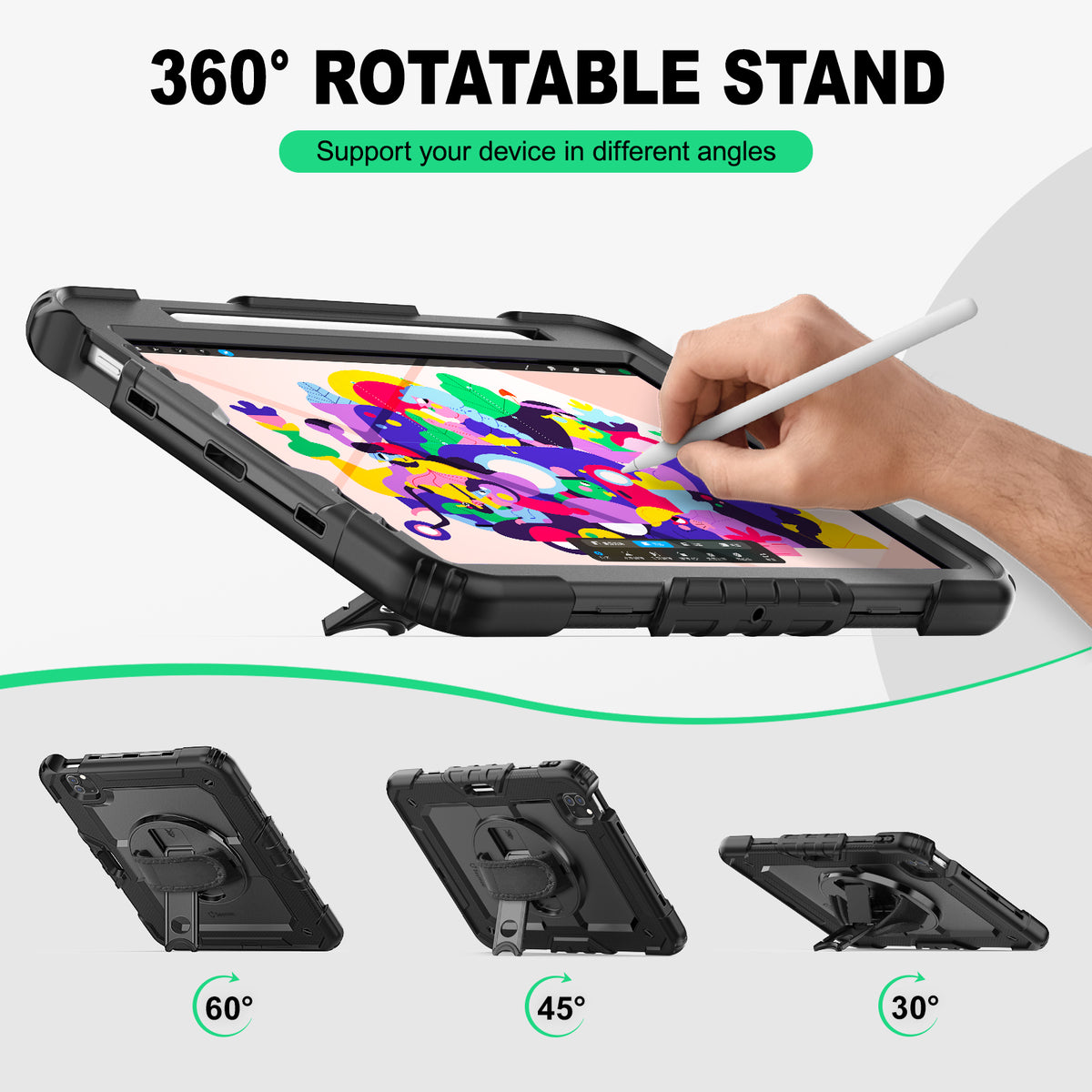 iPad Pro 11" (4th/3rd/2nd/1st Gen) rugged case with hand strap, support your device in different angles