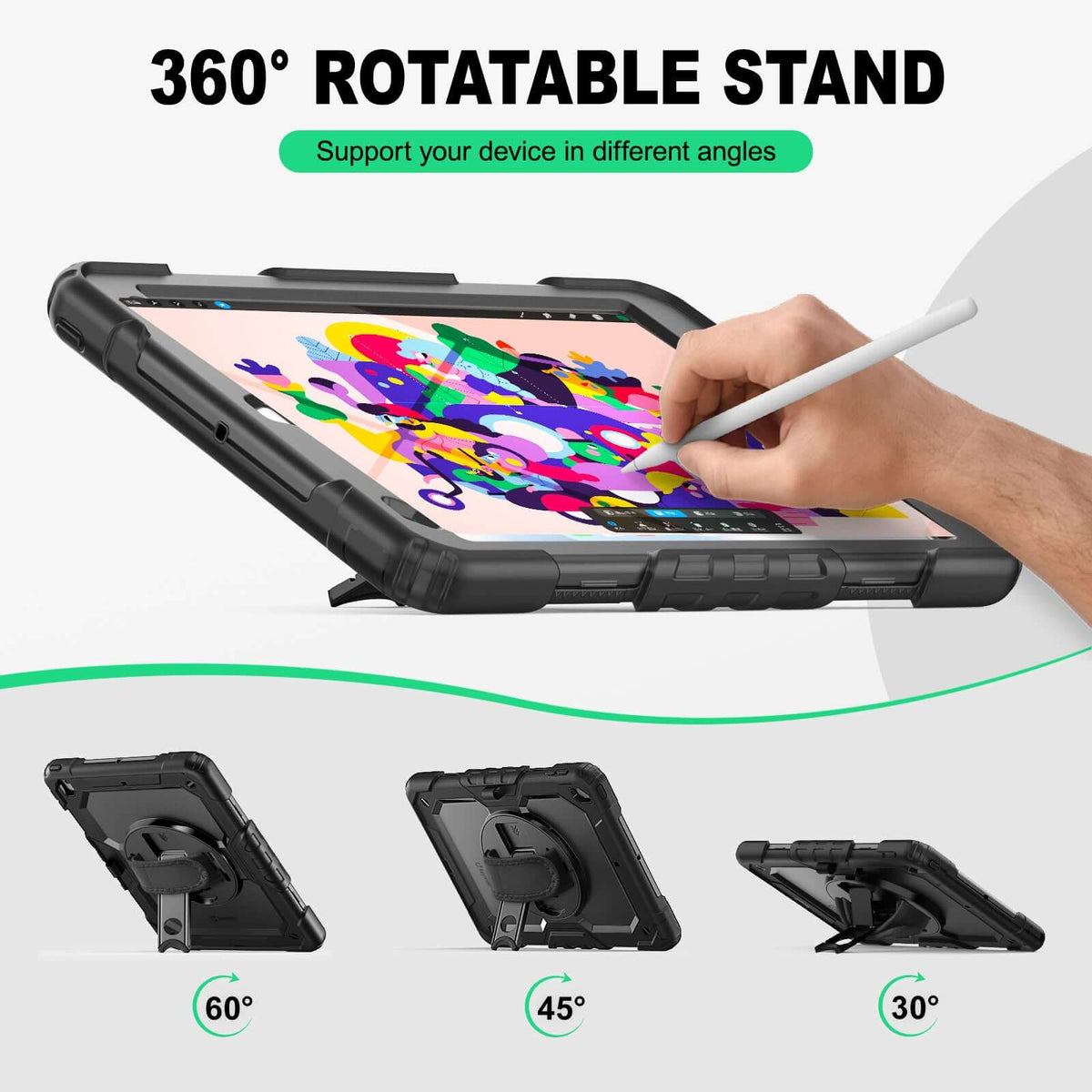 iPad 10.2 Inch 7th/8th/9th Gen rugged case with hand strap, support your device in different angles