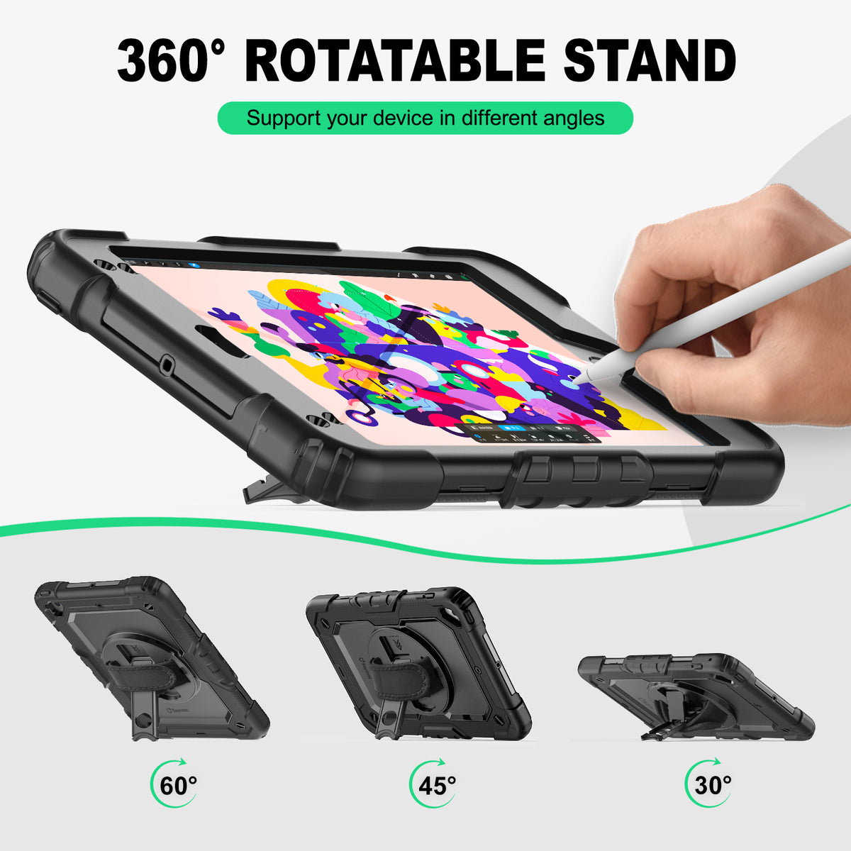 iPad Mini (4th/5th Gen) 7.9-Inch rugged case with hand strap, support your device in different angles