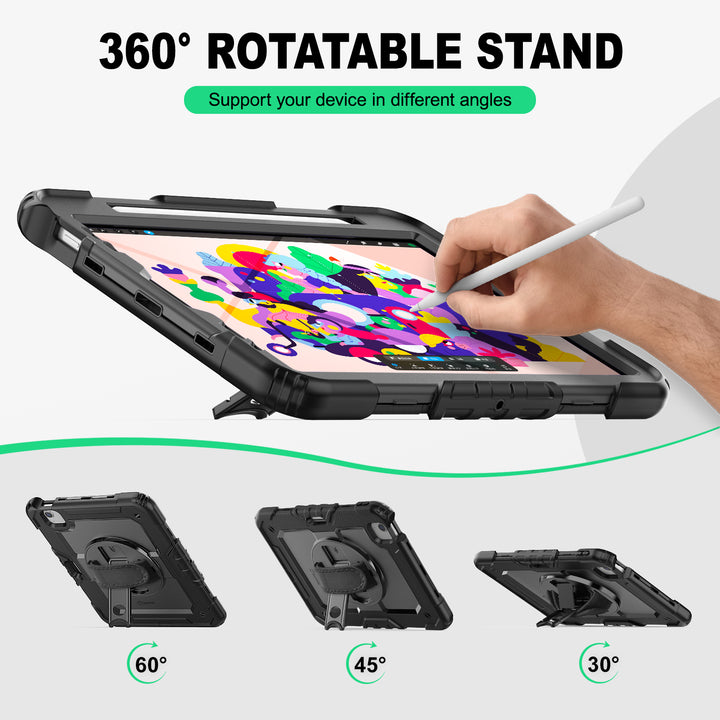 SEYMAC Hoes voor iPad Air 5e/4e Generatie 2022/2020 10,9 inch - Schokbestendige Tablet-Hoes met Schermbeschermer, 360° Draaibare Standaard en Handriem, Schouderband en Pennenhouder- Zwart SEYMAC Hoes voor iPad Air 5e/4e Generatie 2022/2020 10,9 inch - Schokbestendige Tablet-Hoes met Schermbeschermer, 360° Draaibare Standaard en Handriem, Schouderband en Pennenhouder- Zwart