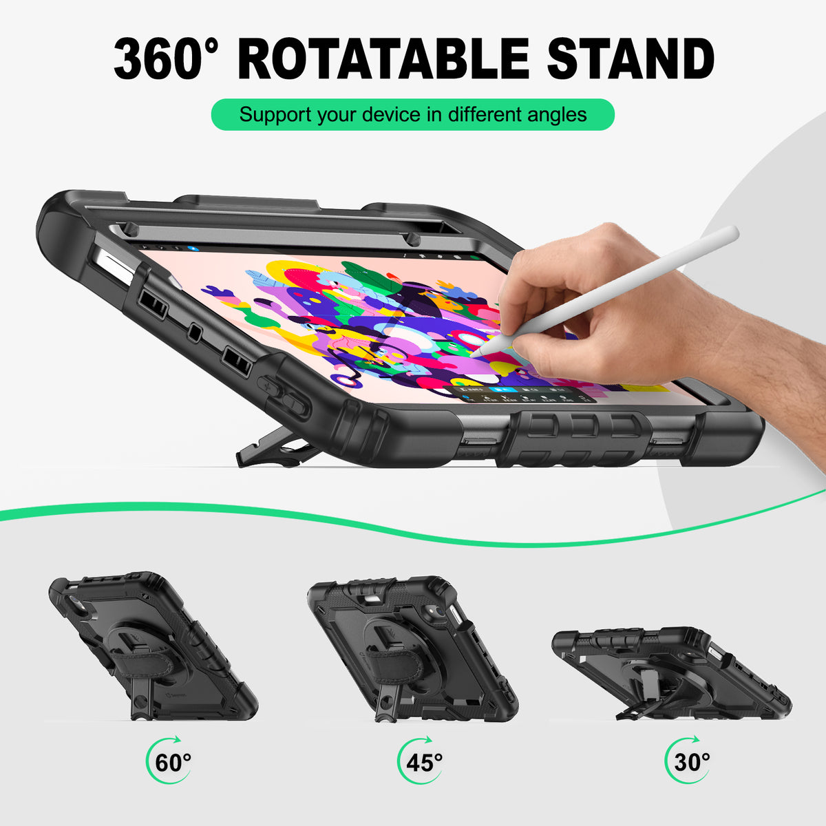 iPad Mini (A17 Pro/6th Gen) 8.3-Inch rugged case with hand strap, support your device in different angles