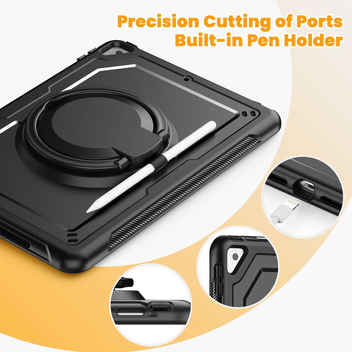 SEYMAC iPad Pro 10.5 Inch Case (2017) image showcasing precision cutting of ports and built-in pen holder.