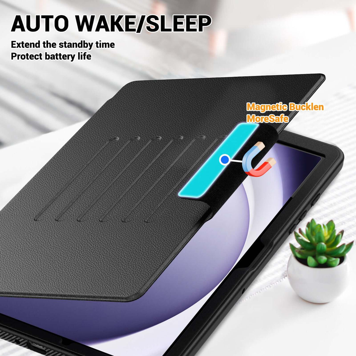 SEYMAC Galaxy Tab A11+ 11 Inch Case (2025) with auto wake/sleep feature and magnetic buckle.