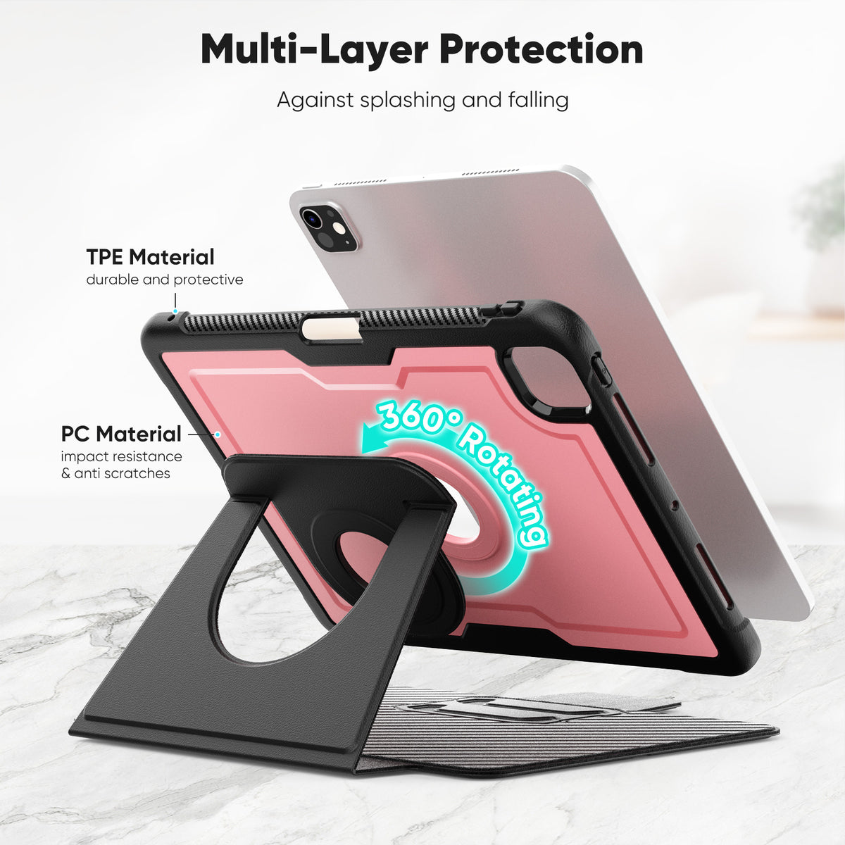 SEYMAC iPad Pro 11 Inch Case (M5/M4) showcasing multi-layer protection, rotating stand, and TPE/PC materials.