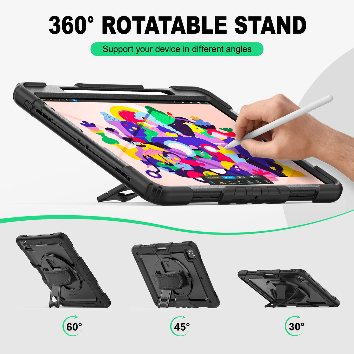 iPad Pro 12.9 Inch (3rd/4th/5th/6th Gen) rugged case with hand strap, support your device in different angles