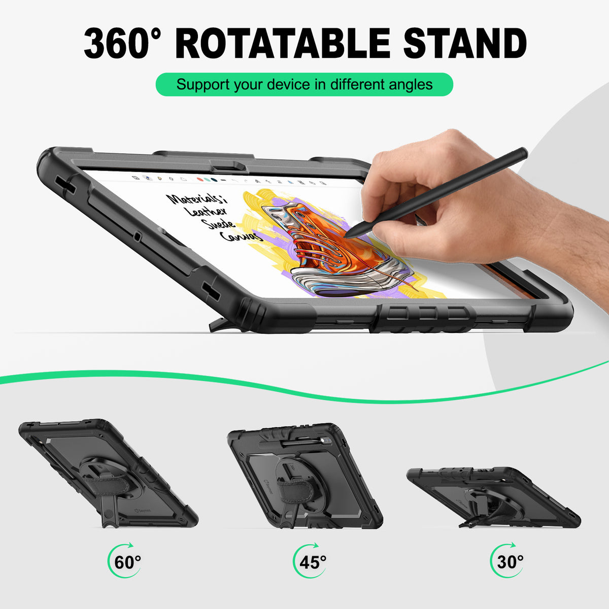 Samsung Galaxy Tab S8+/S7+/S7 FE 12.4 Inch rugged case with hand strap, support your device in different angles