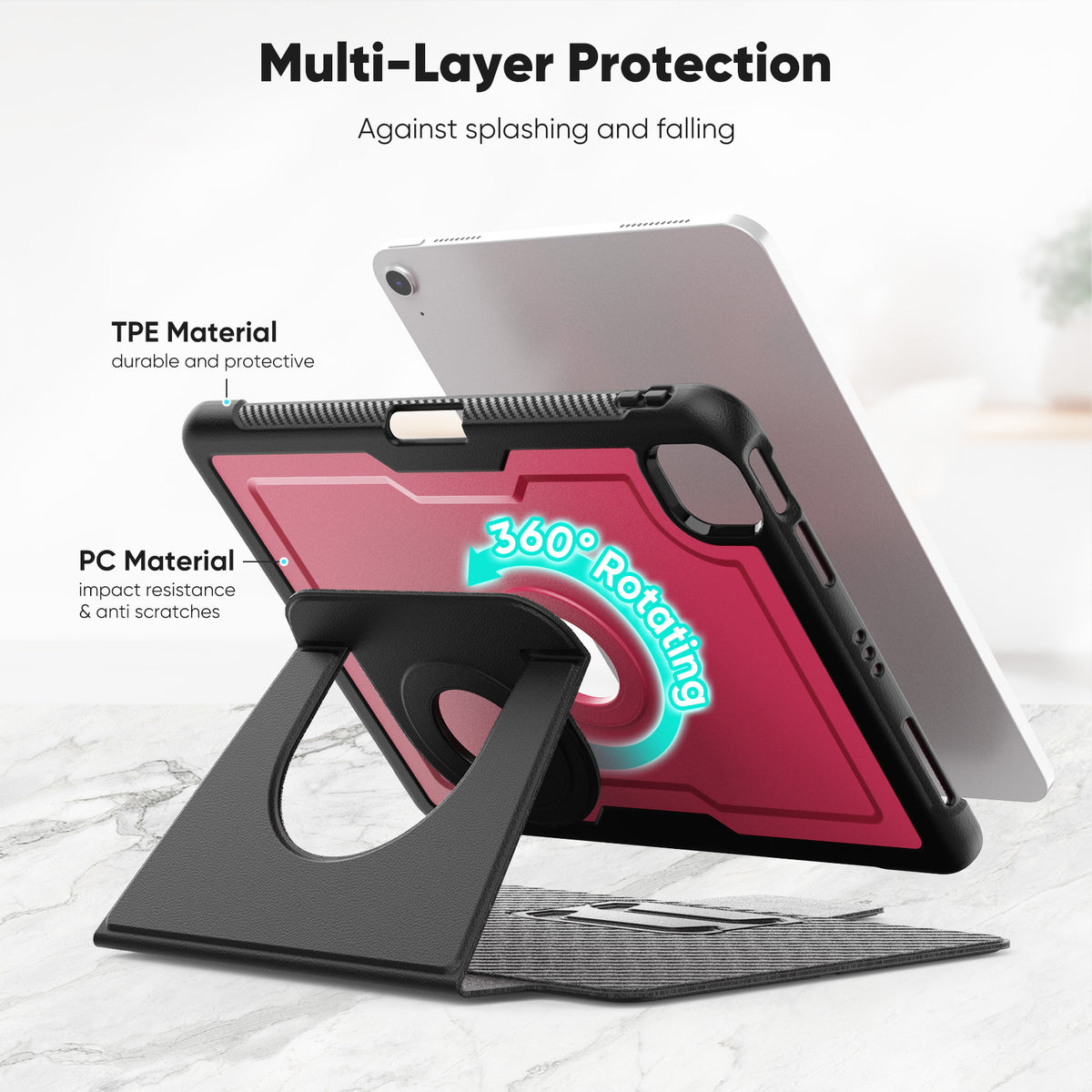 SEYMAC iPad Air 11 Inch Case (M2/M3) (2024/2025) showcasing multi-layer protection and 360° rotating stand.