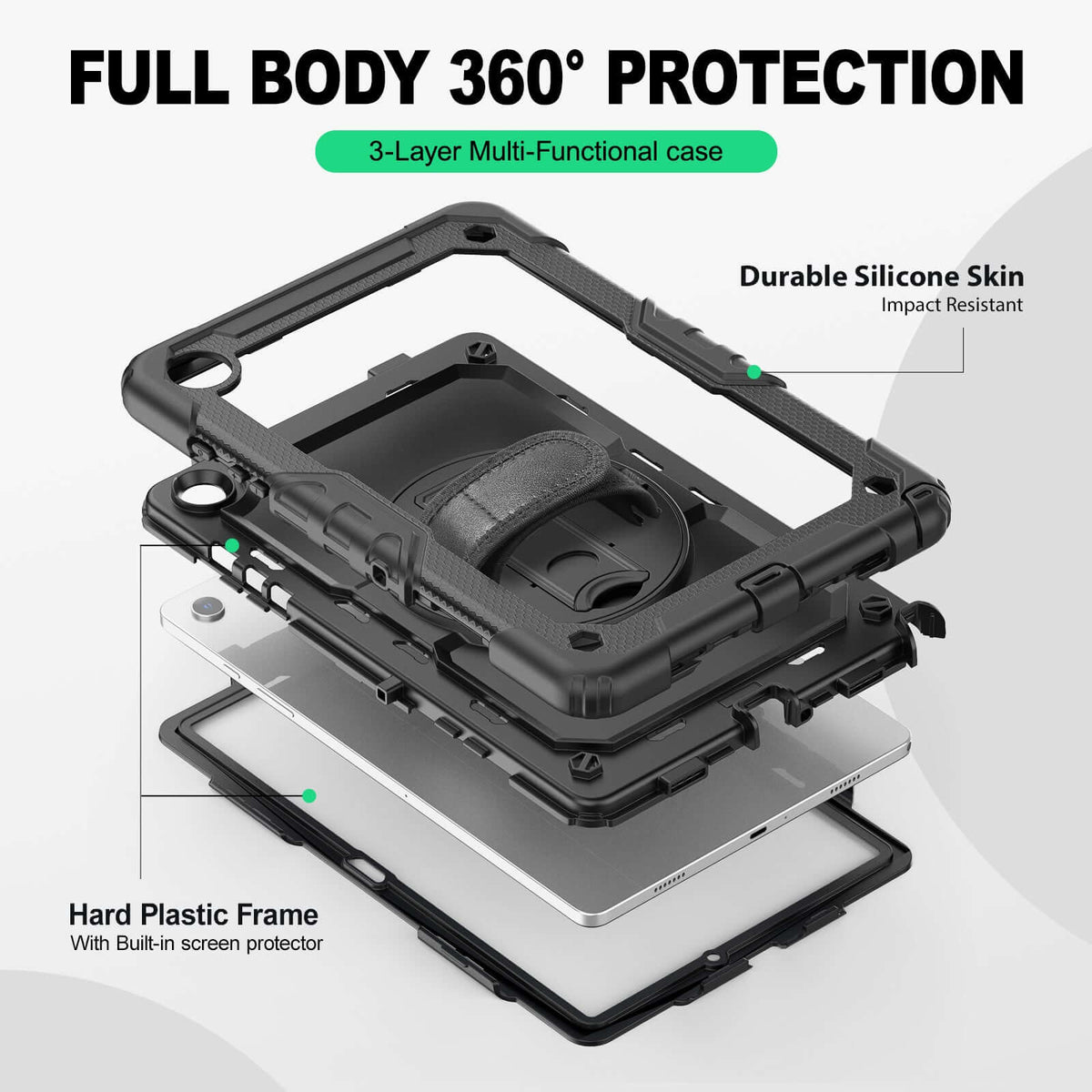 Samsung Galaxy Tab A9+ 11-Inch rugged case with hand strap, 3-layer multi-functional protection