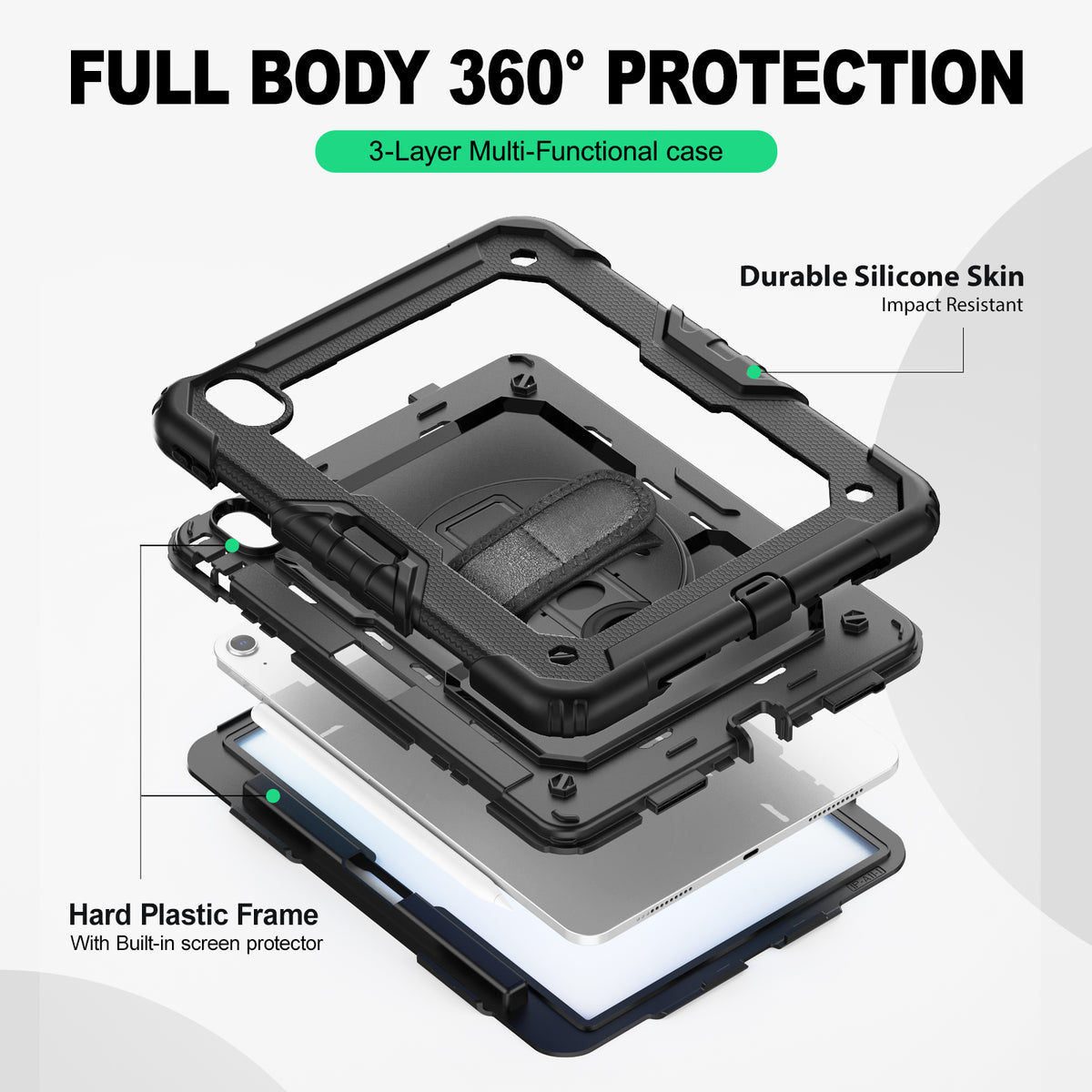 iPad Air 11-Inch (M4/M2/M3) rugged case with hand strap, 3-layer multi-functional protection