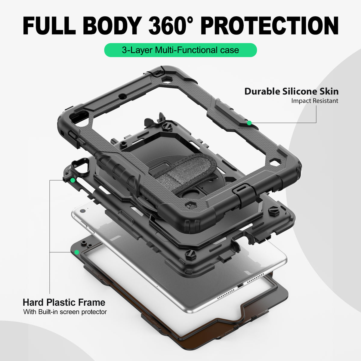 iPad Mini (4th/5th Gen) 7.9-Inch rugged case with hand strap, 3-layer multi-functional protection