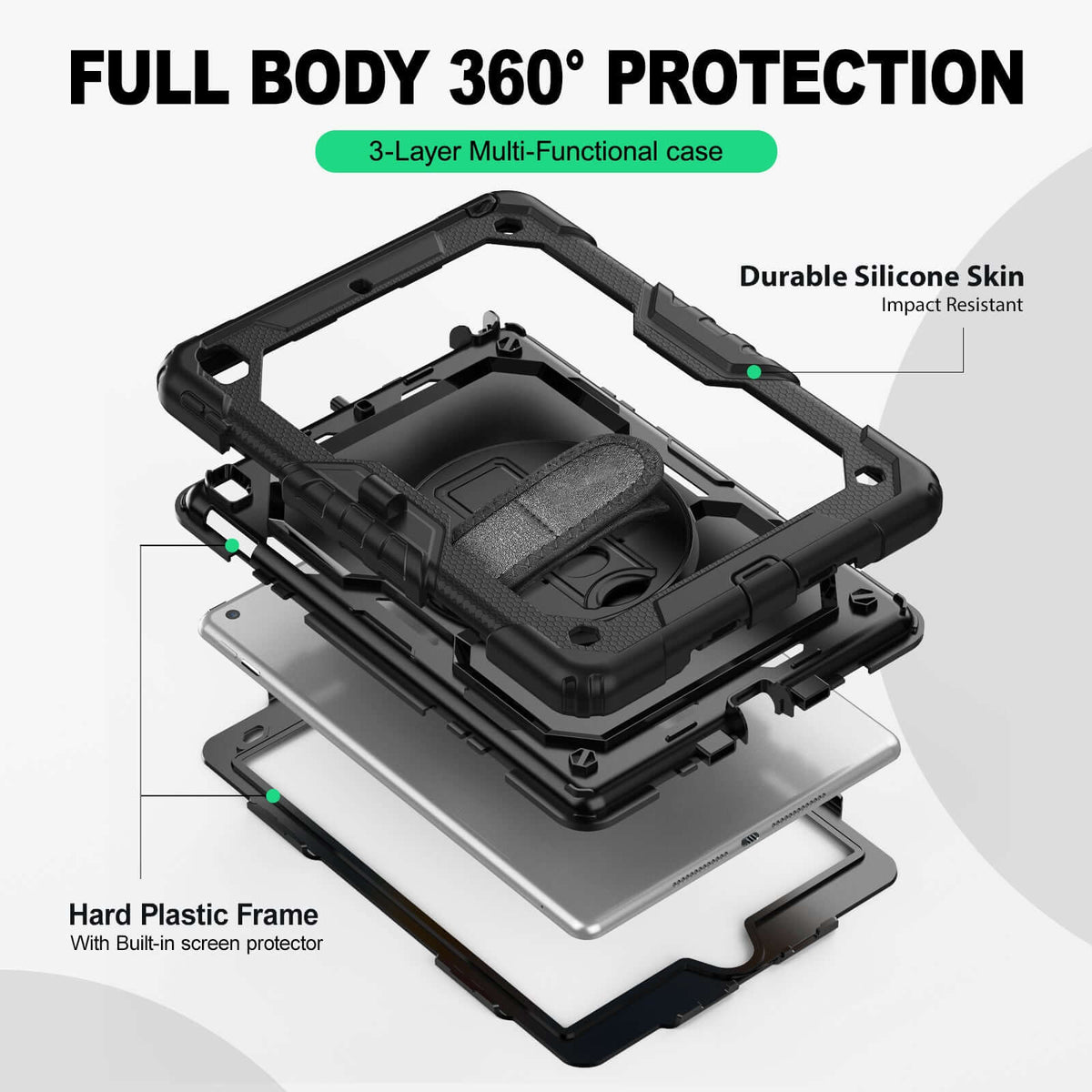 iPad 10.2 Inch 7th/8th/9th Gen rugged case with hand strap, 3-layer multi-functional protection