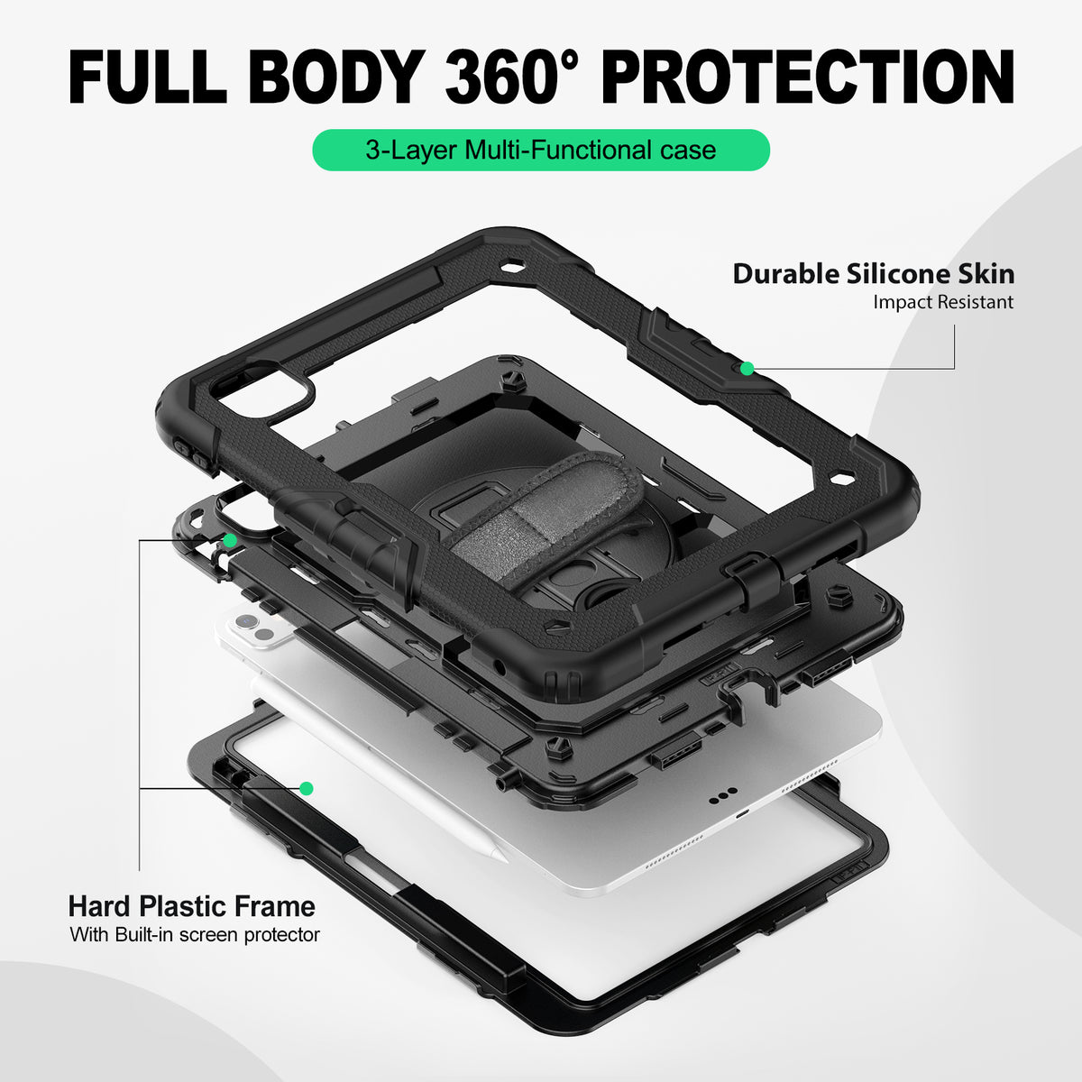 iPad Pro 11 Inch (M5/M4) rugged case with hand strap, 3-layer multi-functional protection