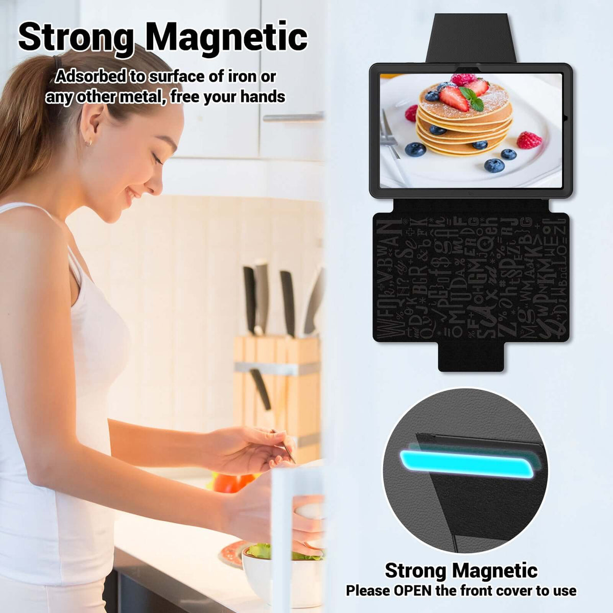 Strong Magnetic kitchen gadget for hands-free use, featuring a magnetic attachment and adjustable viewing angles.