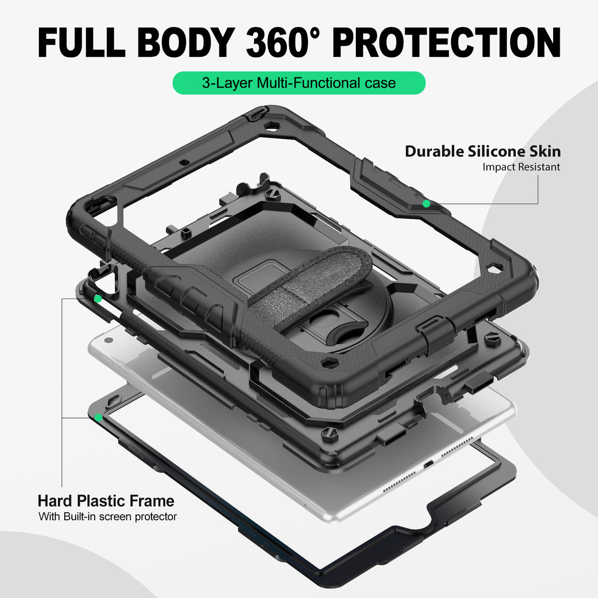 iPad Air (3rd Gen) 10.5-Inch rugged case with hand strap, 3-layer multi-functional protection