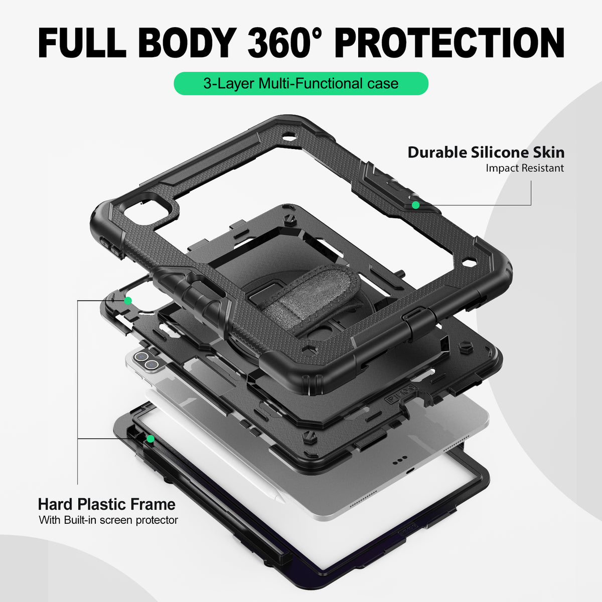 iPad Pro 11" (4th/3rd/2nd/1st Gen) rugged case with hand strap, 3-layer multi-functional protection