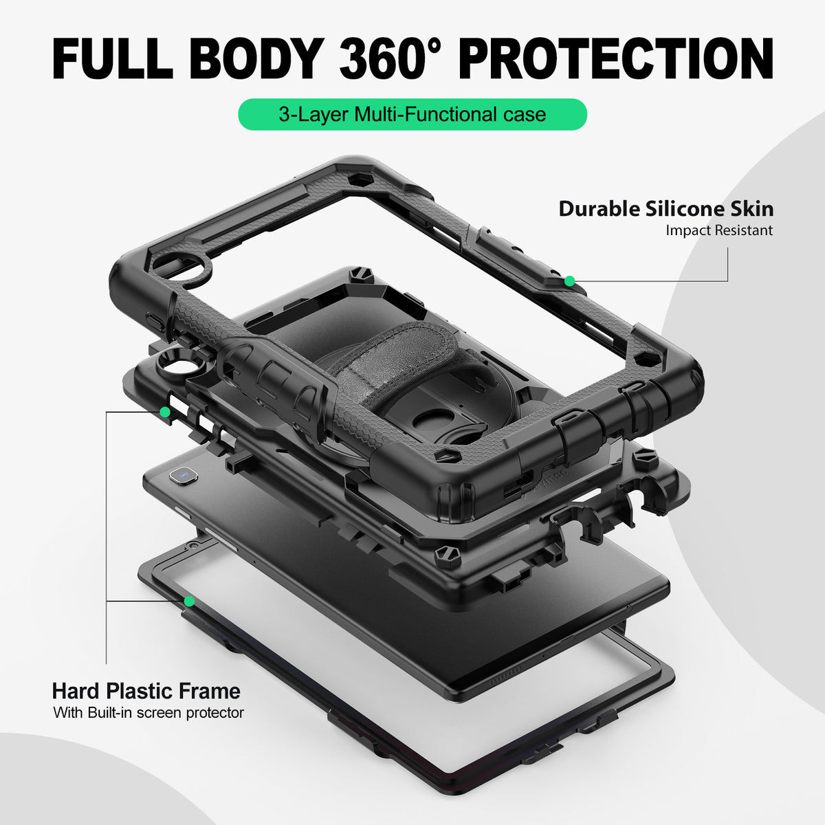 Samsung Galaxy Tab A7 Lite 8.7-Inch rugged case with hand strap, 3-layer multi-functional protection
