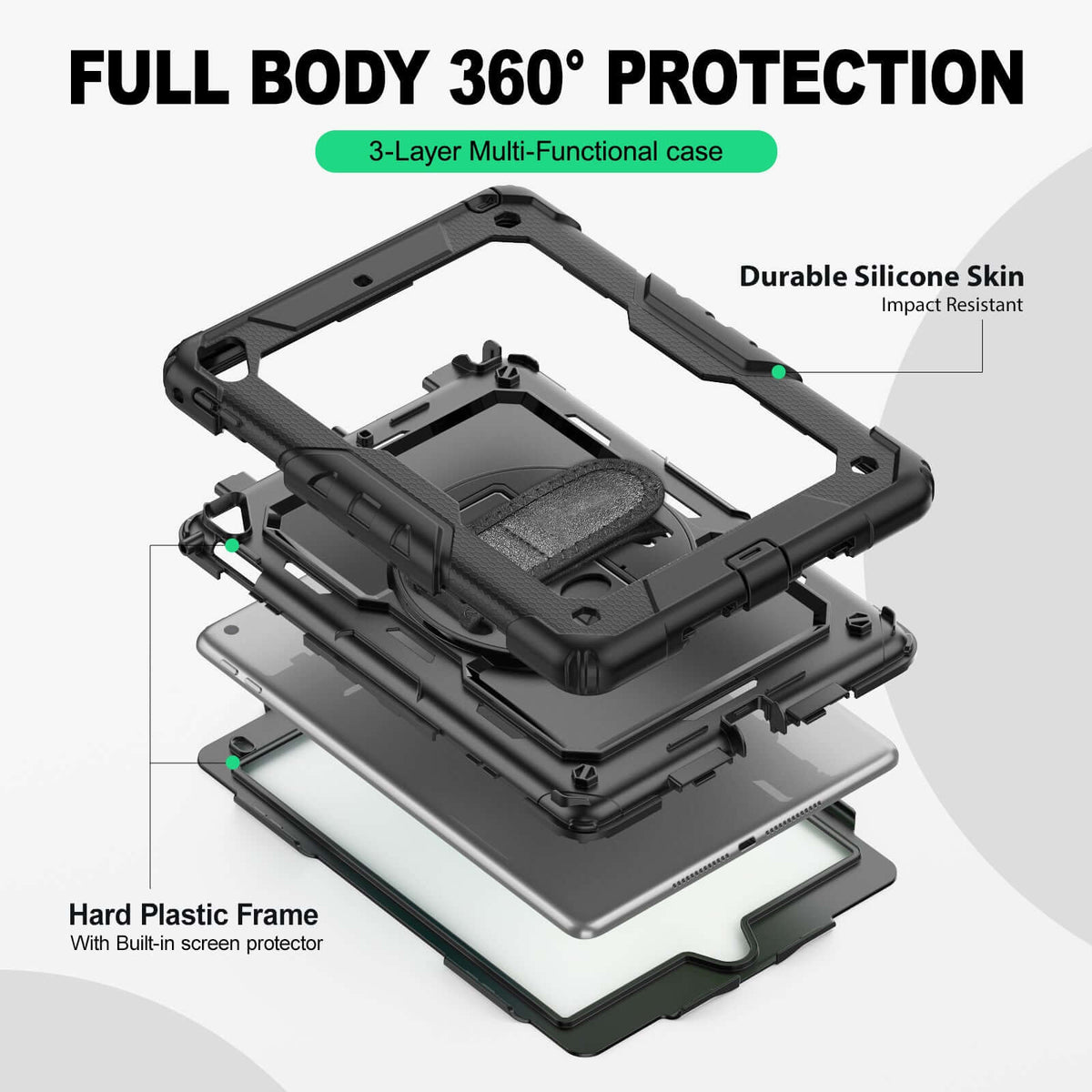 iPad Air (2nd Gen) 9.7-Inch rugged case with hand strap, 3-layer multi-functional protection