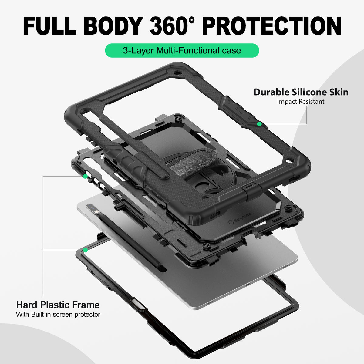 Samsung Galaxy Tab S8+/S7+/S7 FE 12.4 Inch rugged case with hand strap, 3-layer multi-functional protection