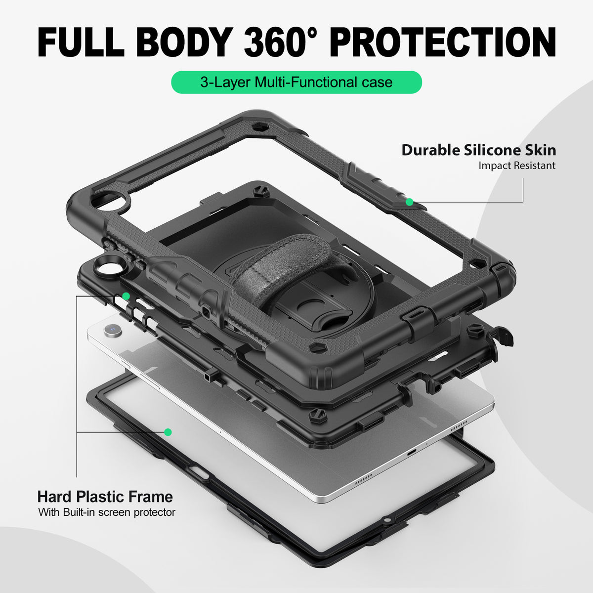 Samsung Galaxy Tab A11+ rugged case with hand strap, 3-layer multi-functional protection