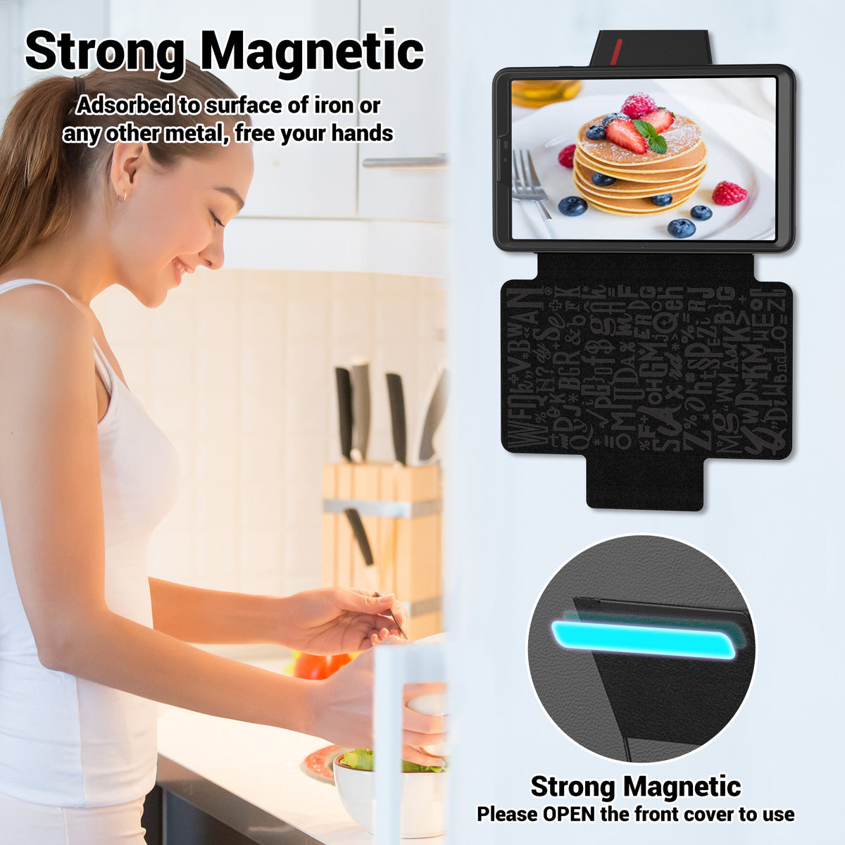 Strong Magnetic feature of kitchen tablet holder, showcasing user-friendly design and convenient hands-free cooking.