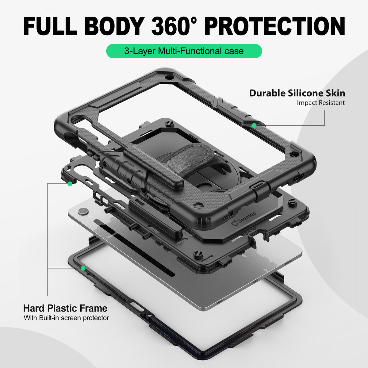 Samsung Galaxy Tab S10 Lite/S10 FE/S9 FE/S9 10.9/11 Inch rugged case with hand strap, 3-layer multi-functional protection