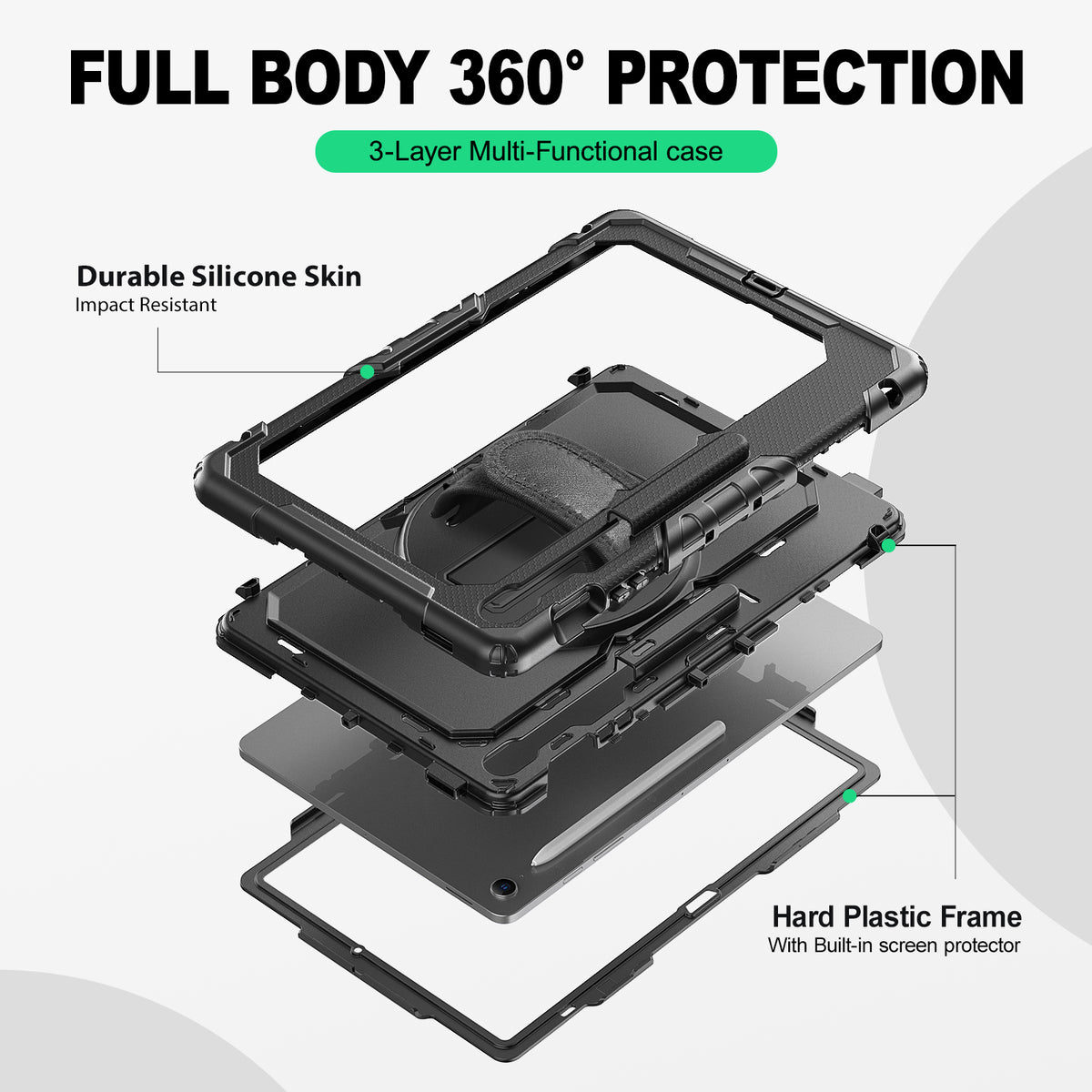 Samsung Galaxy Tab S10 FE+ 13.1-Inch rugged case with hand strap, 3-layer multi-functional protection