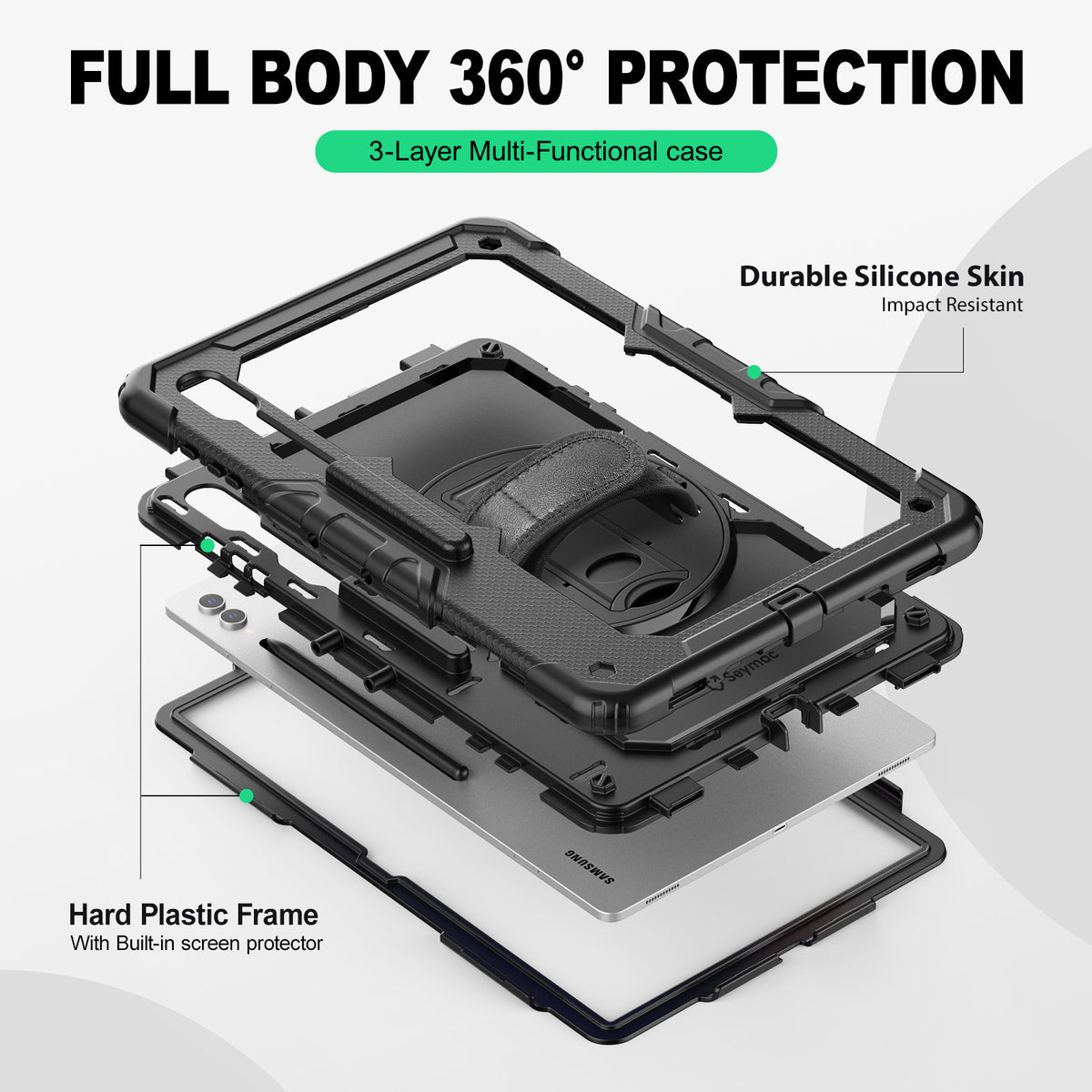 Samsung Galaxy Tab S10/S9/S8 Ultra 14.6-Inch rugged case with hand strap, 3-layer multi-functional protection
