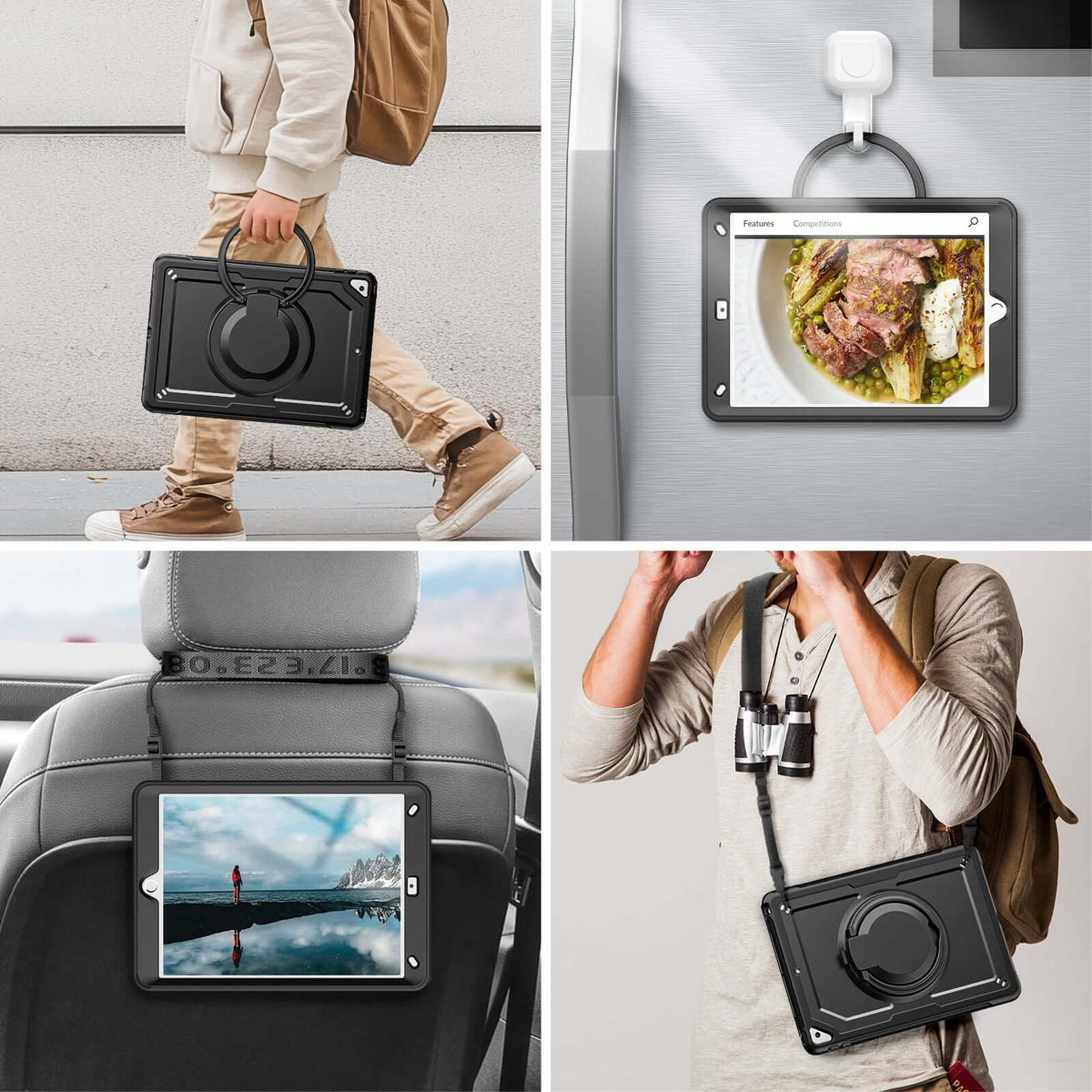 SEYMAC iPad Pro 10.5 Inch Case (2017) showcased in various lifestyle settings with 360° rotating grip.