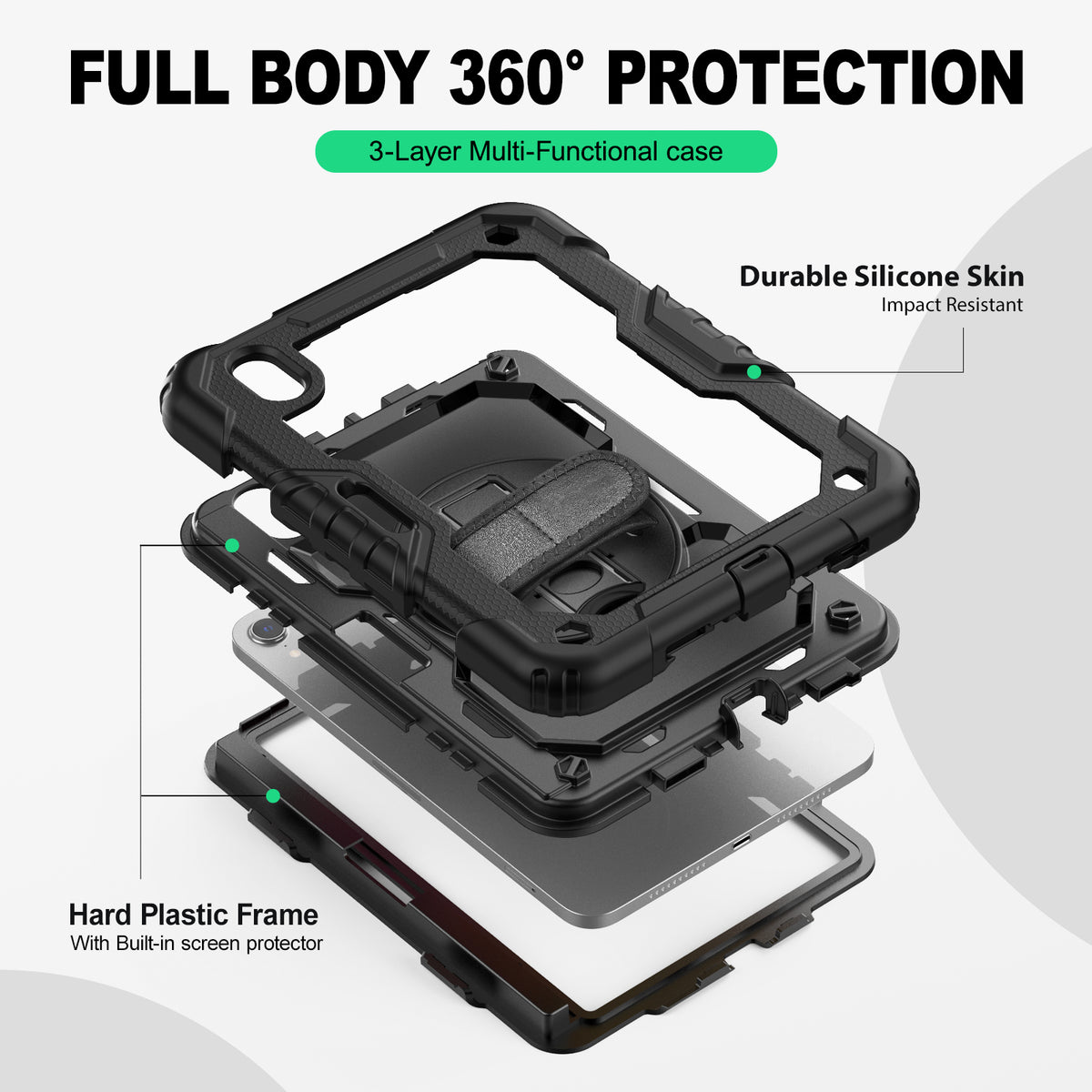iPad Mini (A17 Pro/6th Gen) 8.3-Inch rugged case with hand strap, 3-layer multi-functional protection