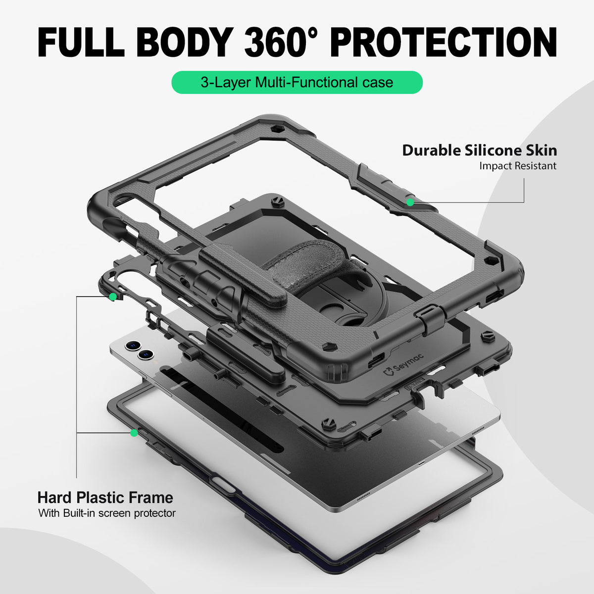 Samsung Galaxy Tab S10+/S9 FE+/S9+ 12.4-Inch rugged case with hand strap, 3-layer multi-functional protection