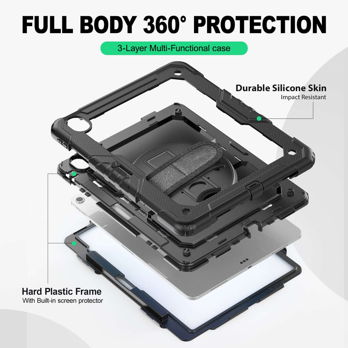 iPad Air 13-Inch (M4/M2/M3) rugged case with hand strap, 3-layer multi-functional protection