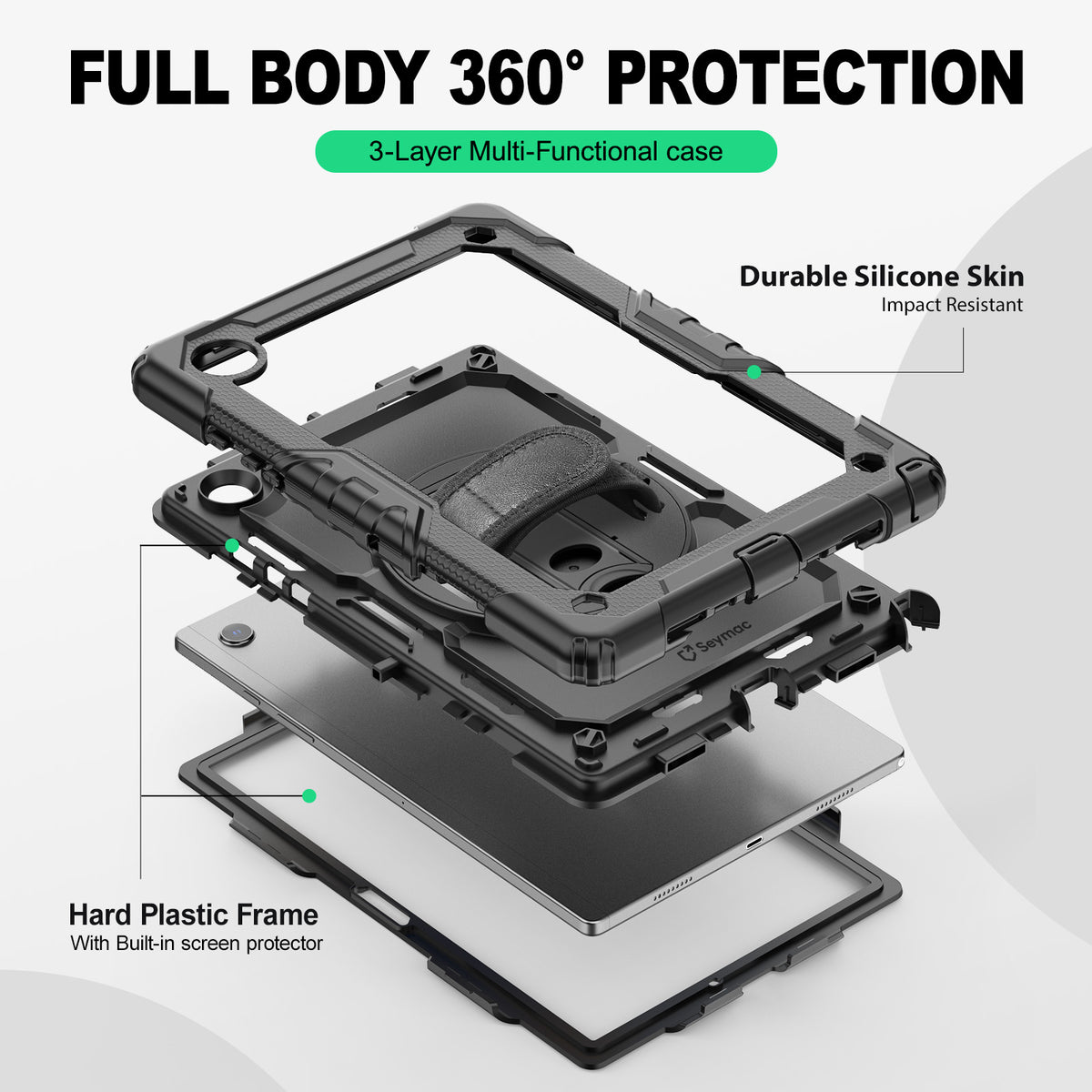 Samsung Galaxy Tab A8 10.5-Inch rugged case with hand strap, 3-layer multi-functional protection