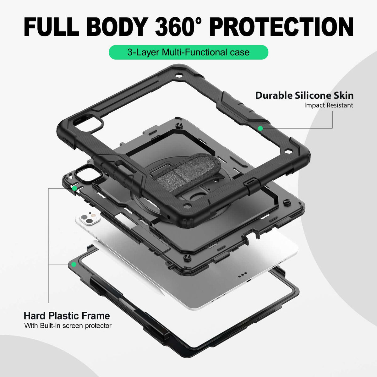 iPad Pro 13 Inch (M5/M4) rugged case with hand strap, 3-layer multi-functional protection