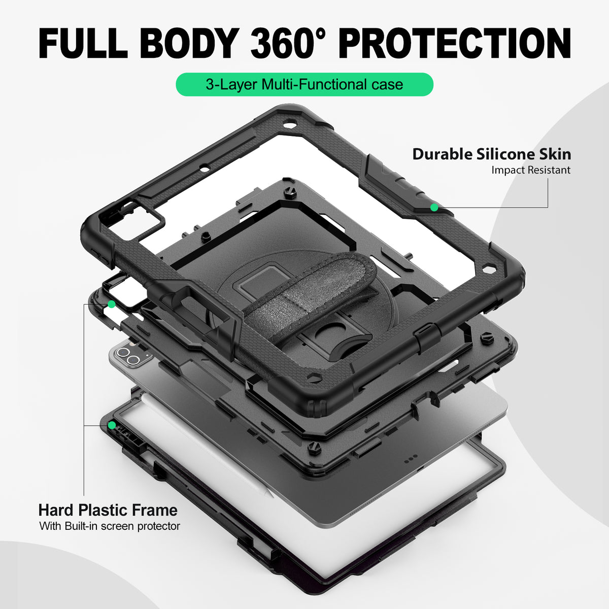 iPad Pro 12.9 Inch (3rd/4th/5th/6th Gen) rugged case with hand strap, 3-layer multi-functional protection