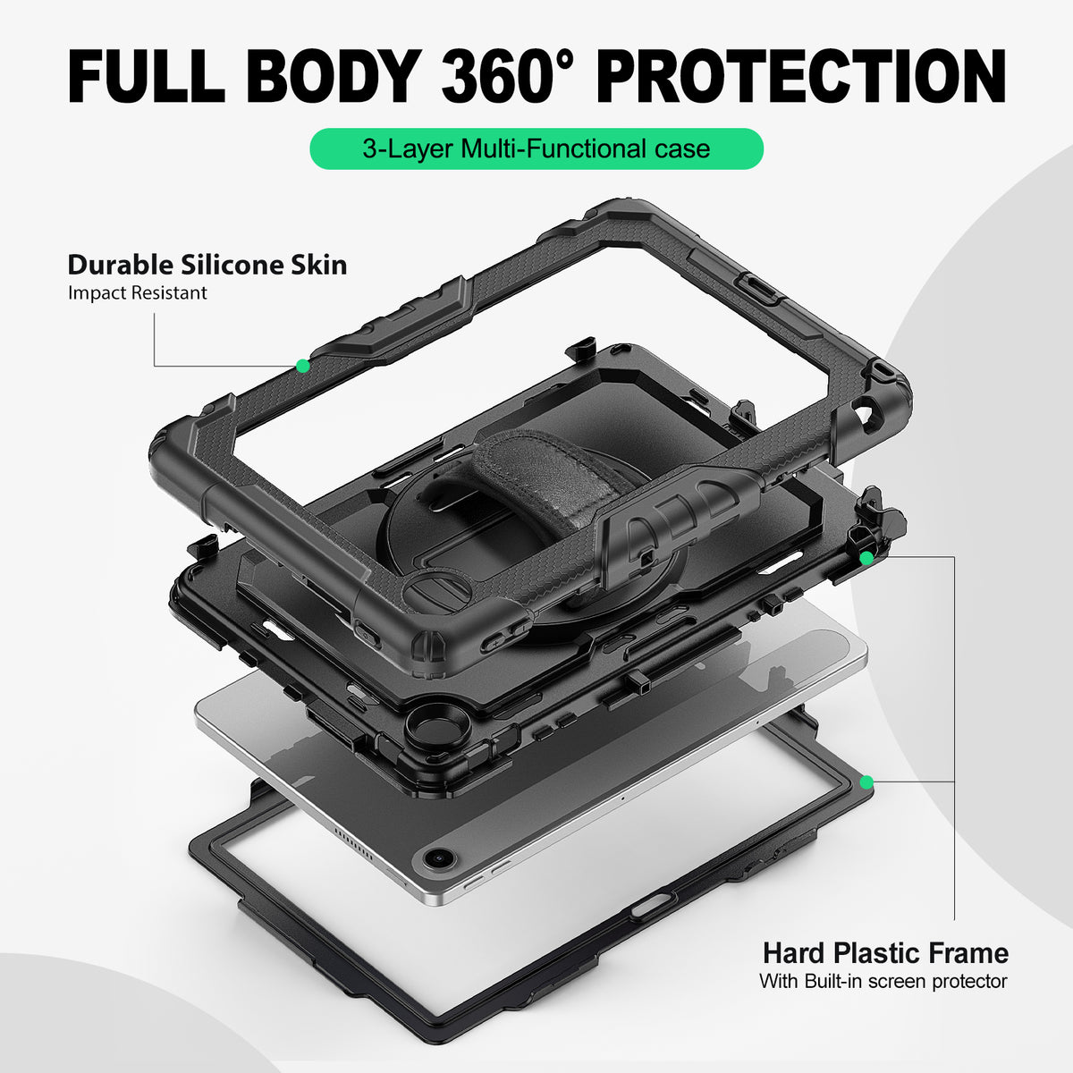 Lenovo Tab M10 10.1-Inch (2025) rugged case with hand strap, 3-layer multi-functional protection