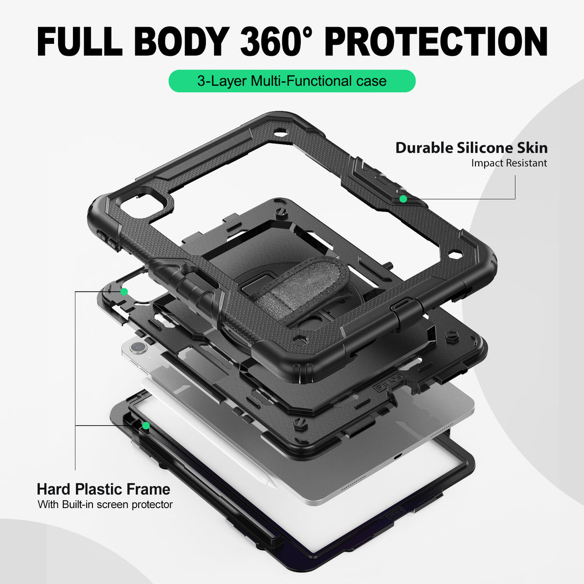 iPad Air (4th/5th Gen) 10.9-Inch rugged case with hand strap, 3-layer multi-functional protection