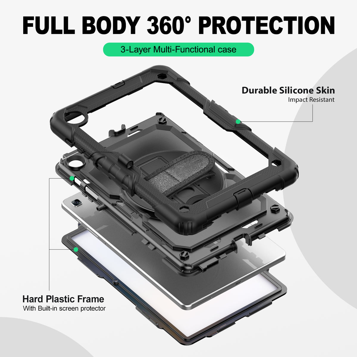 Samsung Galaxy Tab S6 Lite 10.4 Inch rugged case with hand strap, 3-layer multi-functional protection