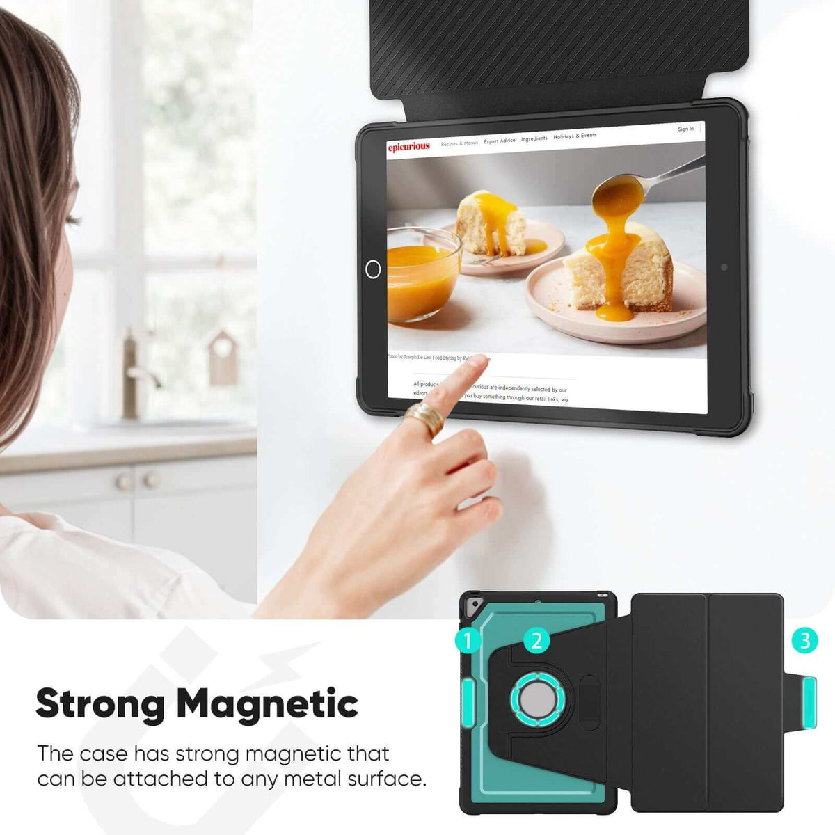 SEYMAC iPad Air 3rd Gen 10.5 Inch Case (2019) attached magnetically to a metal surface, showcasing its strong magnetic design.